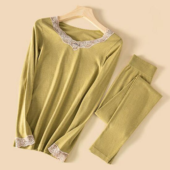 Women's V-Neck Lace Thermal Underwear Set - German Velvet & Sheep Wool, Slim Fit, Autumn/Winter Collection