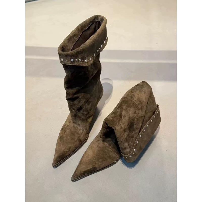 

Sheepskin version retro suede pointed-toed tall boots, slope heel pleated piled boots, women s rivets decorative western cowboy boots 40