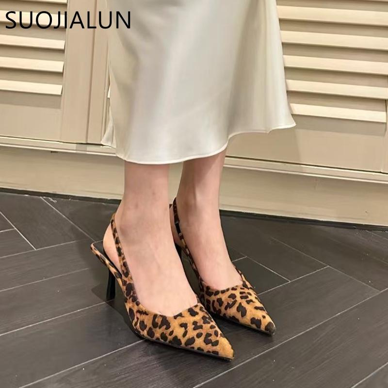 Fashion SUOJIALUN 2025 Spring Brand Women Sandal Fashion Leopard Print Ladies Elegant Slingback Shoes Pointed Toe Thin High Heel Pumps