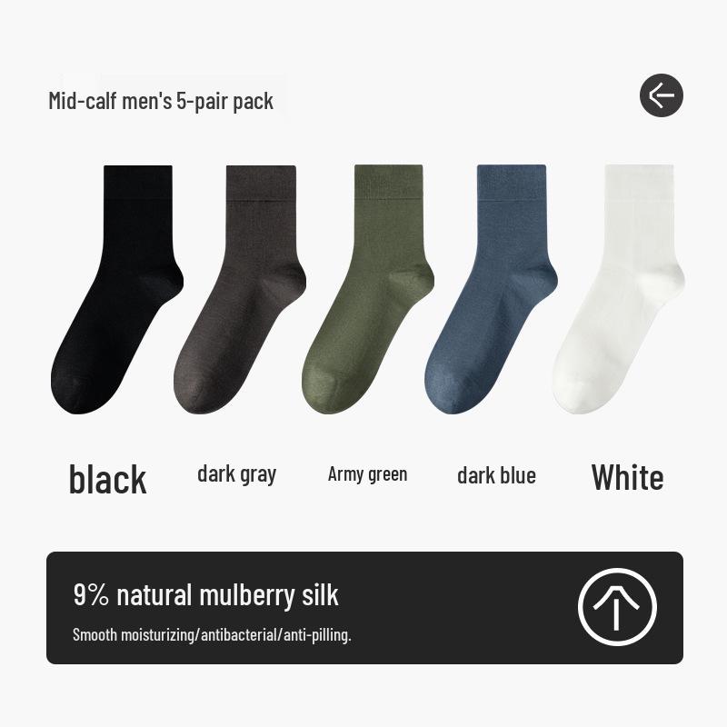 Men's High-End Antibacterial Silk Socks - Four Seasons Style, Black, Knee-High, Mid-Calf, Odor-Resistant for Business and Autumn Wear