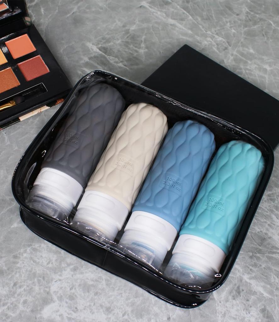 Cabin Crew 4 x 100ml Travel Silicone Shampoo TSA Portable Containers [2025 Recommendation] Bottles, Approved, Leak-Proof, Refillable,