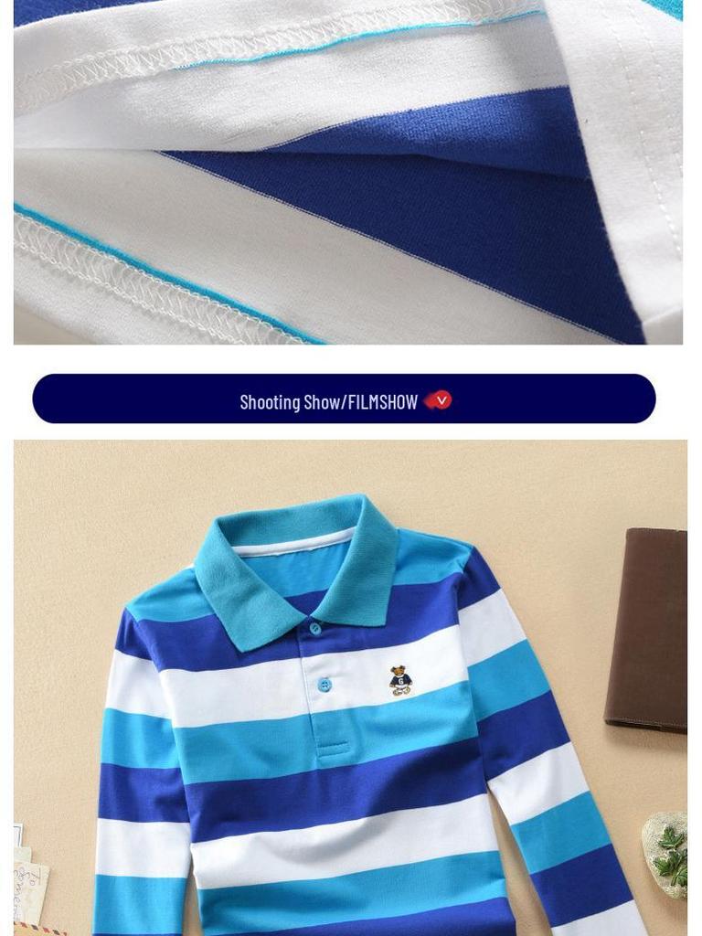 Boys' Korean Style Striped Long-Sleeve Polo Shirt with Turn-Down Collar (Sizes 100-170 cm) - Autumn & Spring Wear