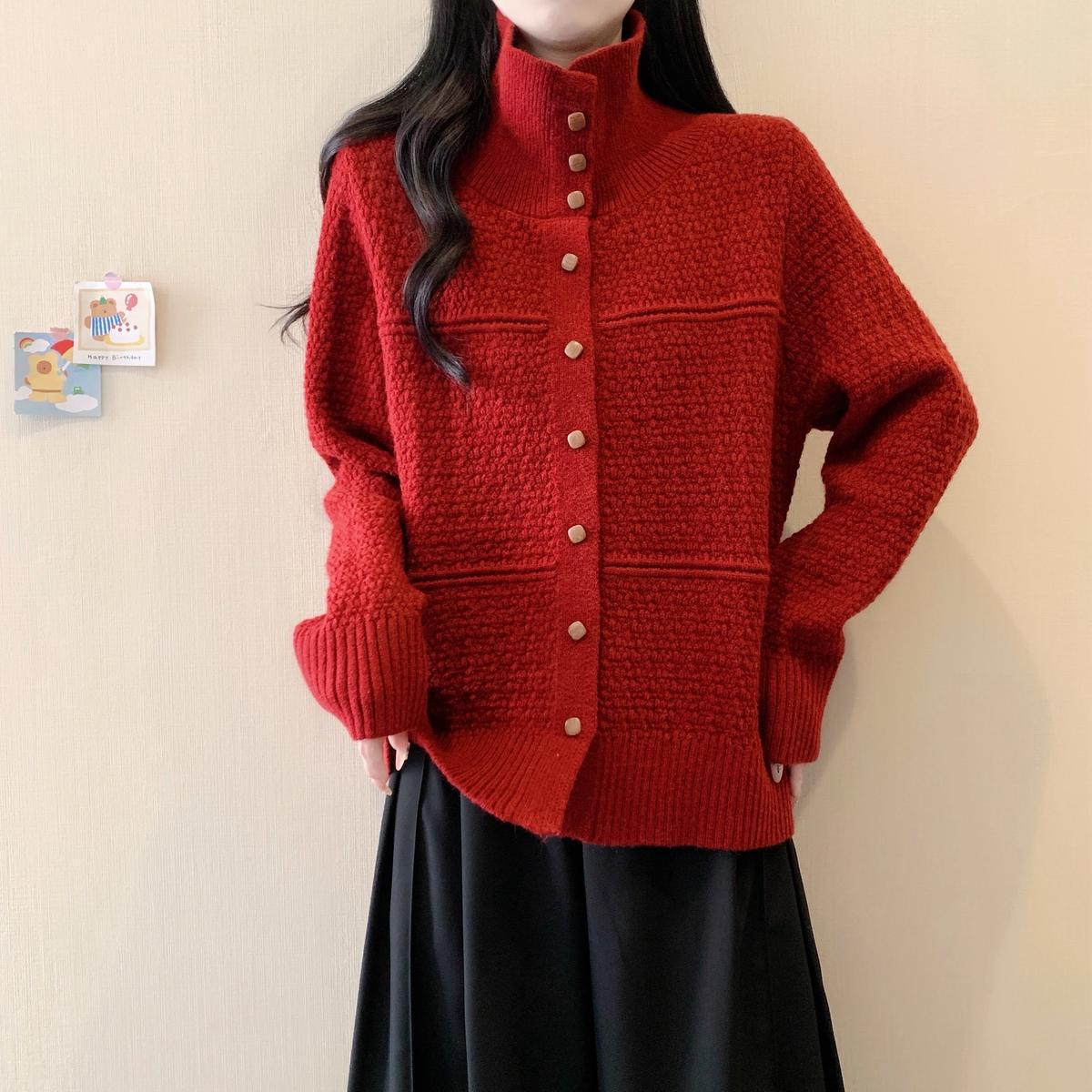 

Women s Plus Size Long Sleeve Stand Collar Knit Sweater - Slimming, Single-Breasted Winter Design XL (120-140 jin) червоний