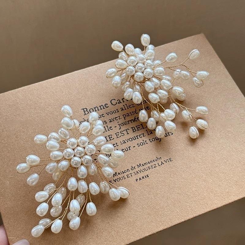 Vintage Imitation Pearls Flower Earrings for Women Luxury Handmade Beading Tassels Long Earring Bridal Wedding Party Jewelry