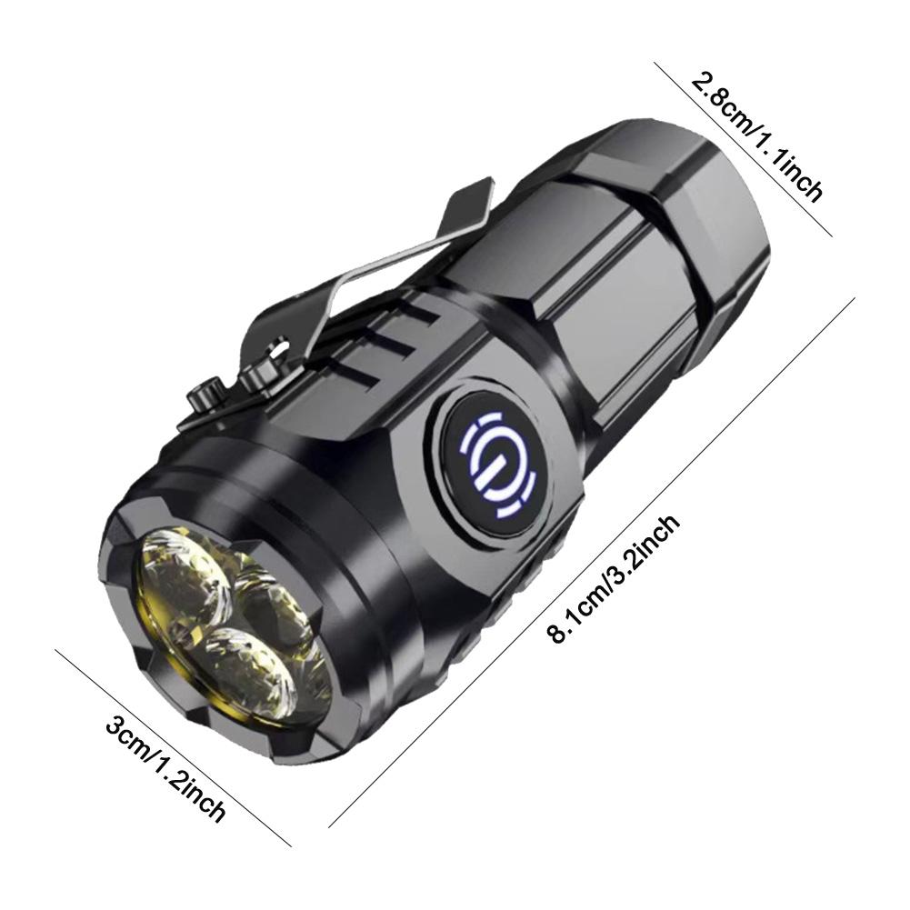 Super Bright Mini Flashlight 3-Eyed High Power LED Flashlight USB Rechargeable Clip-on Torch Light Outdoor Emergency Work Lights