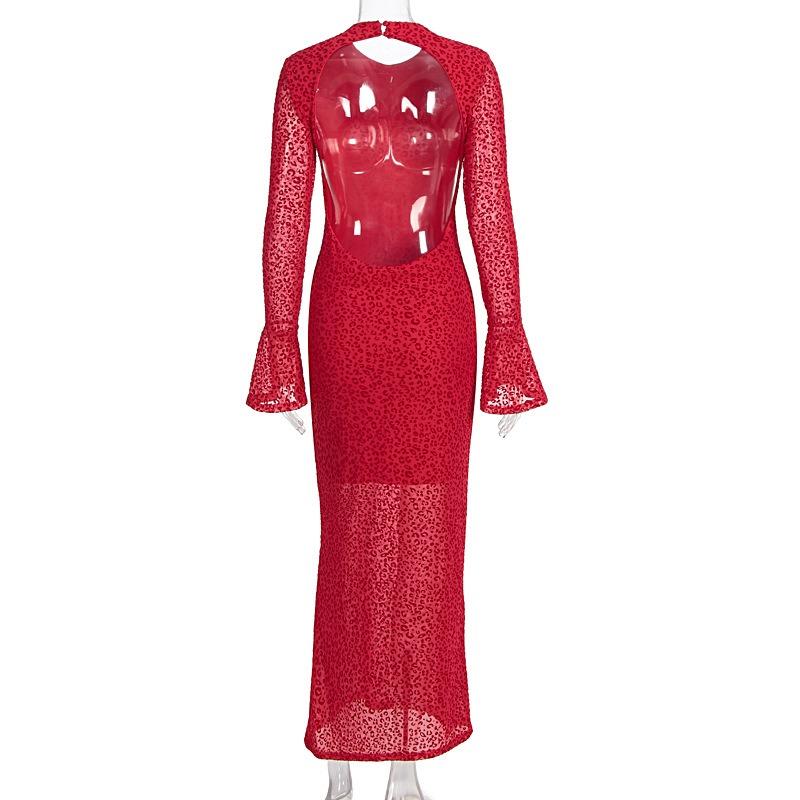 Women European Style Lace Round Neck Backless Slim Fit Formal Party Long Dress