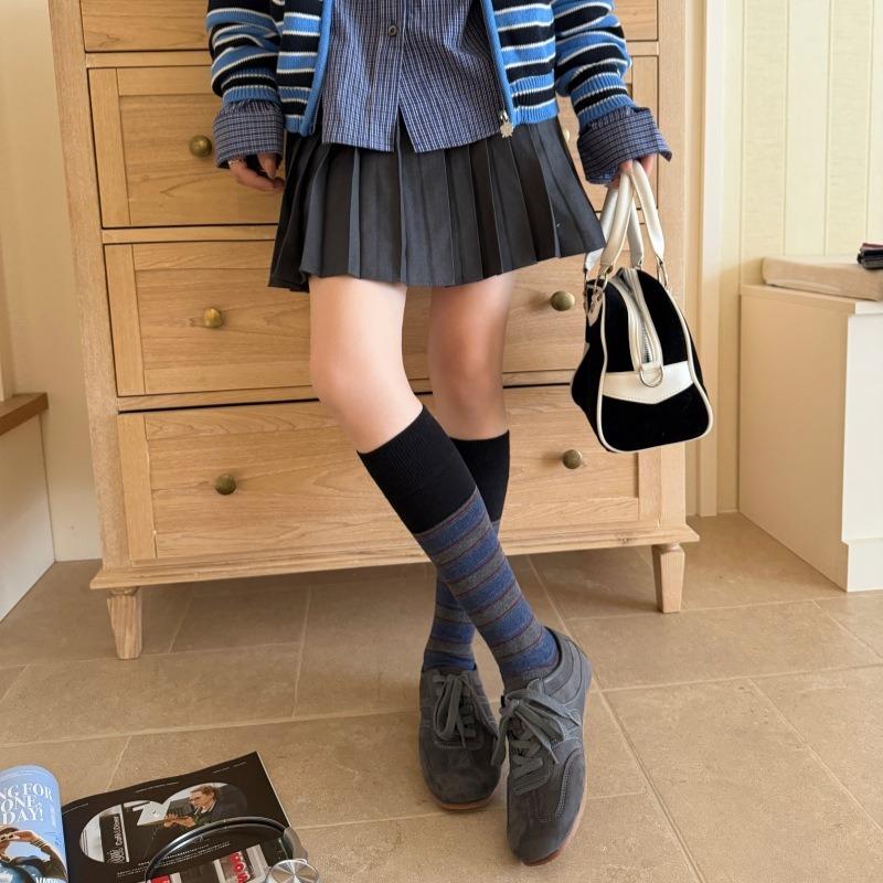 Color-block socks for women, autumn/winter vintage color-blocked striped calf socks, INS trendy Melard long leg cuff socks