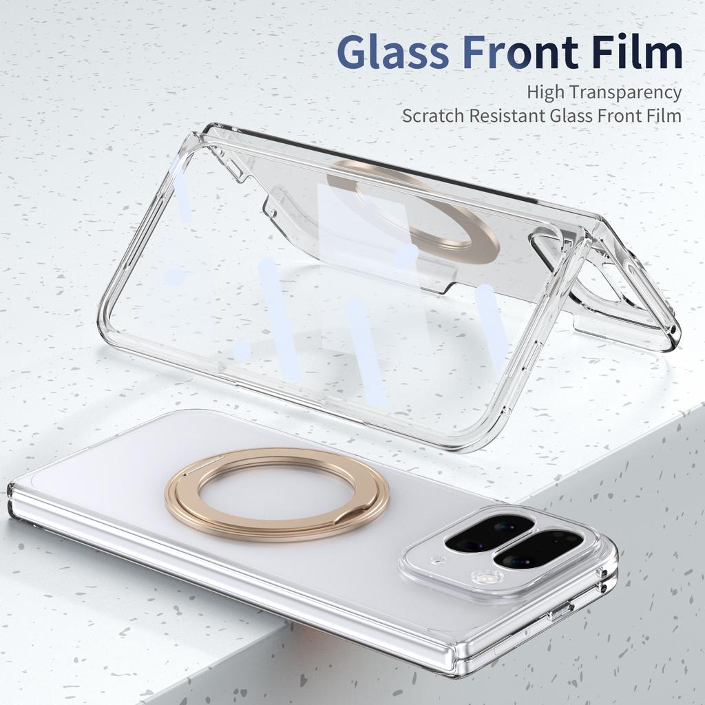 Metal Ring Stand Magetic Case for Google Pixel 10 Pro Fold with 360 Swivel Bracket Clear Cover Clear Glass Screen Protector