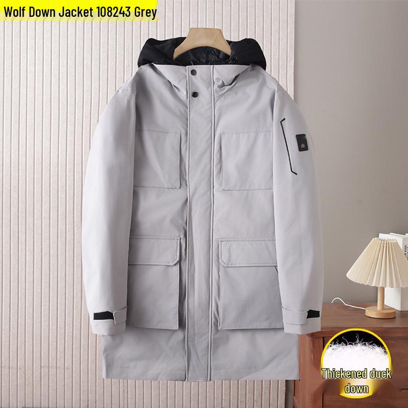 Wolf Men's Mid-Length Hooded Duck Down Jacket with Detachable Liner - Windproof and Warm for Winter
