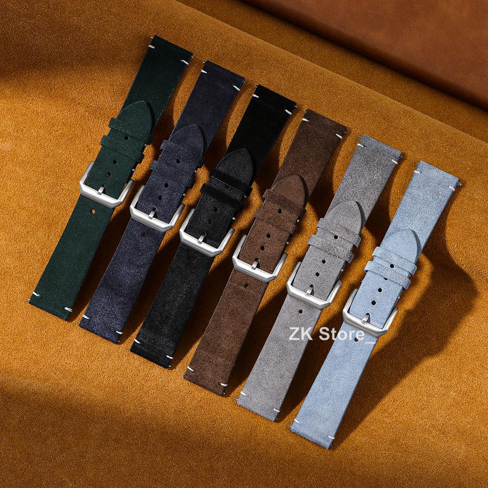 Suede Leather Watch Strap 20 22mm for Samsung Watch6/5/4 Soft Calfskin Bracelet Quick Release Band Handmade Stitching Wristband