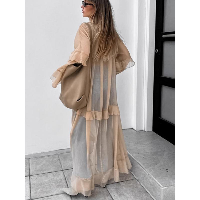 Khaki Spring-Summer New Ruffle Dress Fashion Sun-Protective Long Dress For Women