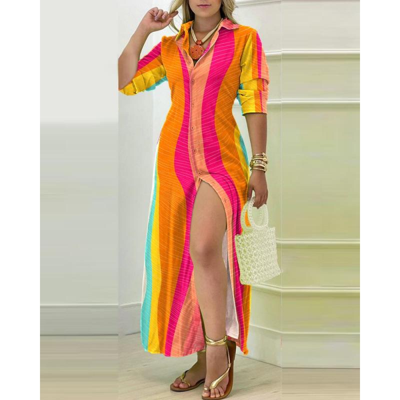 

Long Sleeve V-Neck Simple Button Shirt Dress Women S Clothing XXL