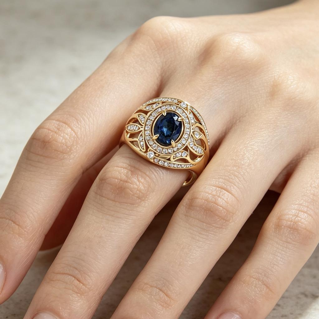 New European and American style gold-plated ring with blue gemstones for women Luxurious and versatile gold-colored alloy jewelry