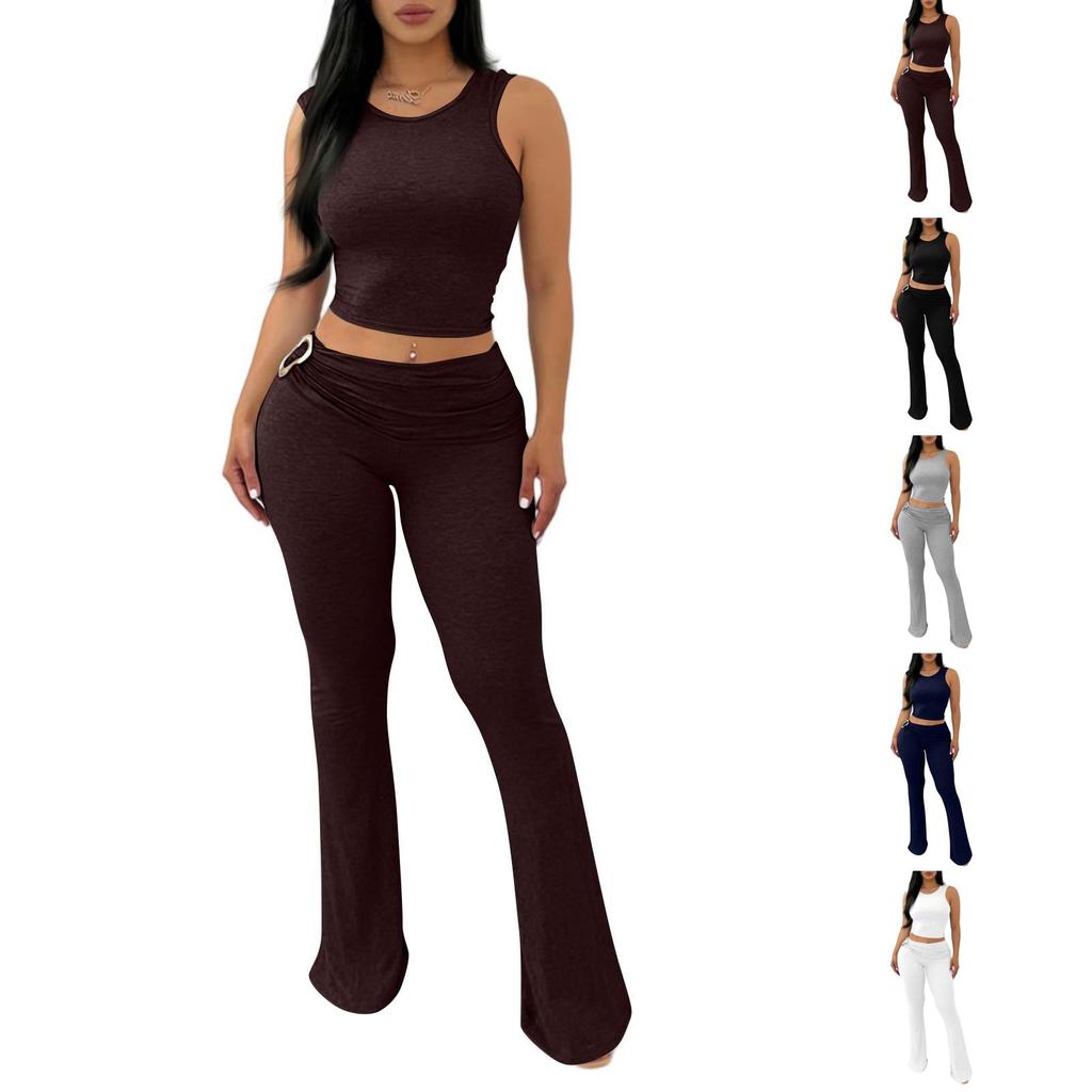 Women's 2-Piece Set: Fashionable Casual Sleeveless Top With Fitted Hip Hugging Pants