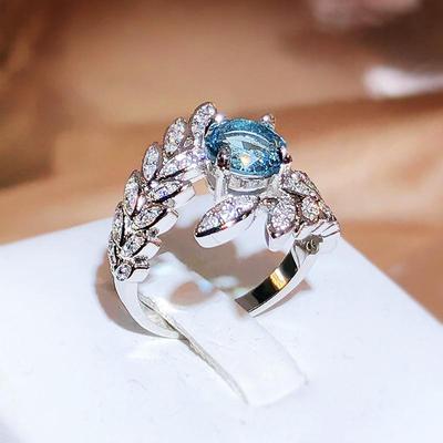 Anel feminino de zircônia azul de alta qualidade, formato de pena, abertura ajustável, anel de casal, joias para festa, casamento, noiva, presente de natal, joias finas da moda
