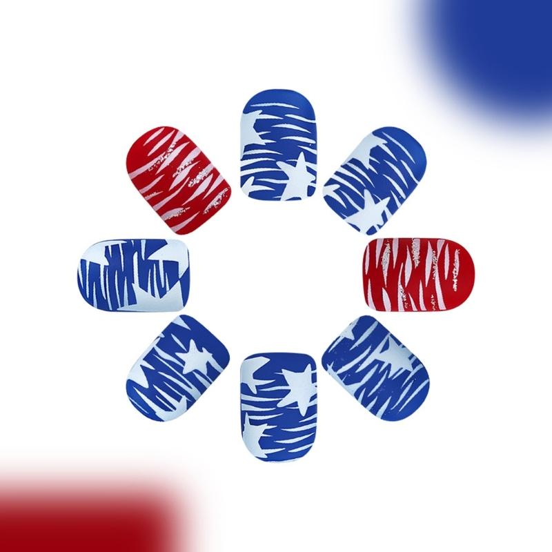 24 Stück Flaggentag Künstliche Nägel Kurz Quadratisch Vollabdeckung Falsche Nägel Matt Aufkleb-Nägel 4. Juli Press-On Nägel