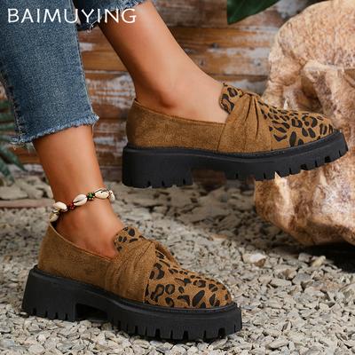 Leopard Platform Dam Loafers Skor Mocka Chunky Mellanhöga Klackar Designer Retro Skor 2025 Trend Vintermode Nya Damskor