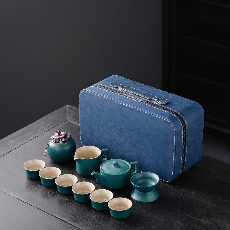 High-End Portable Ceramic Tea Set with Teapot, Teacups, and Tray for Household or Outdoor Use