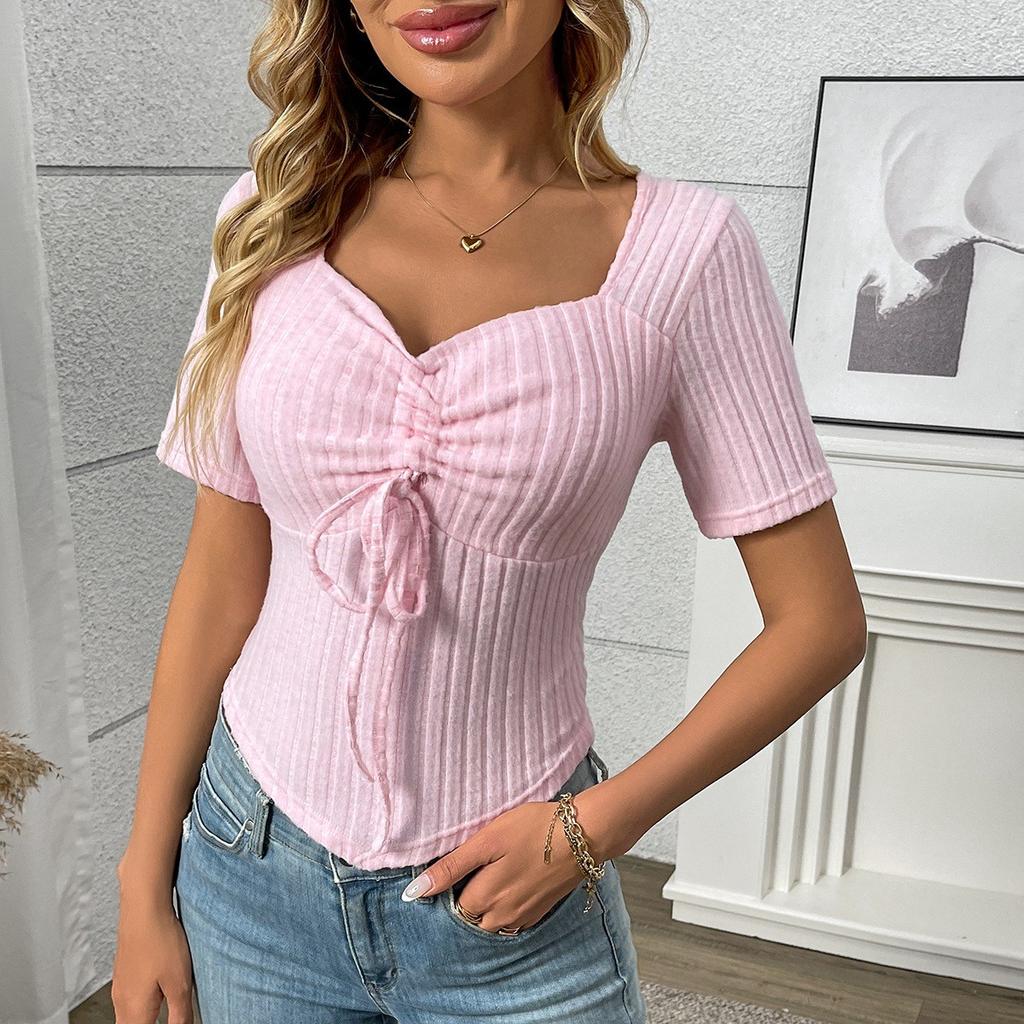 Top sexy de manga corta con cuello en V, plisado y cordón ajustable para mujer