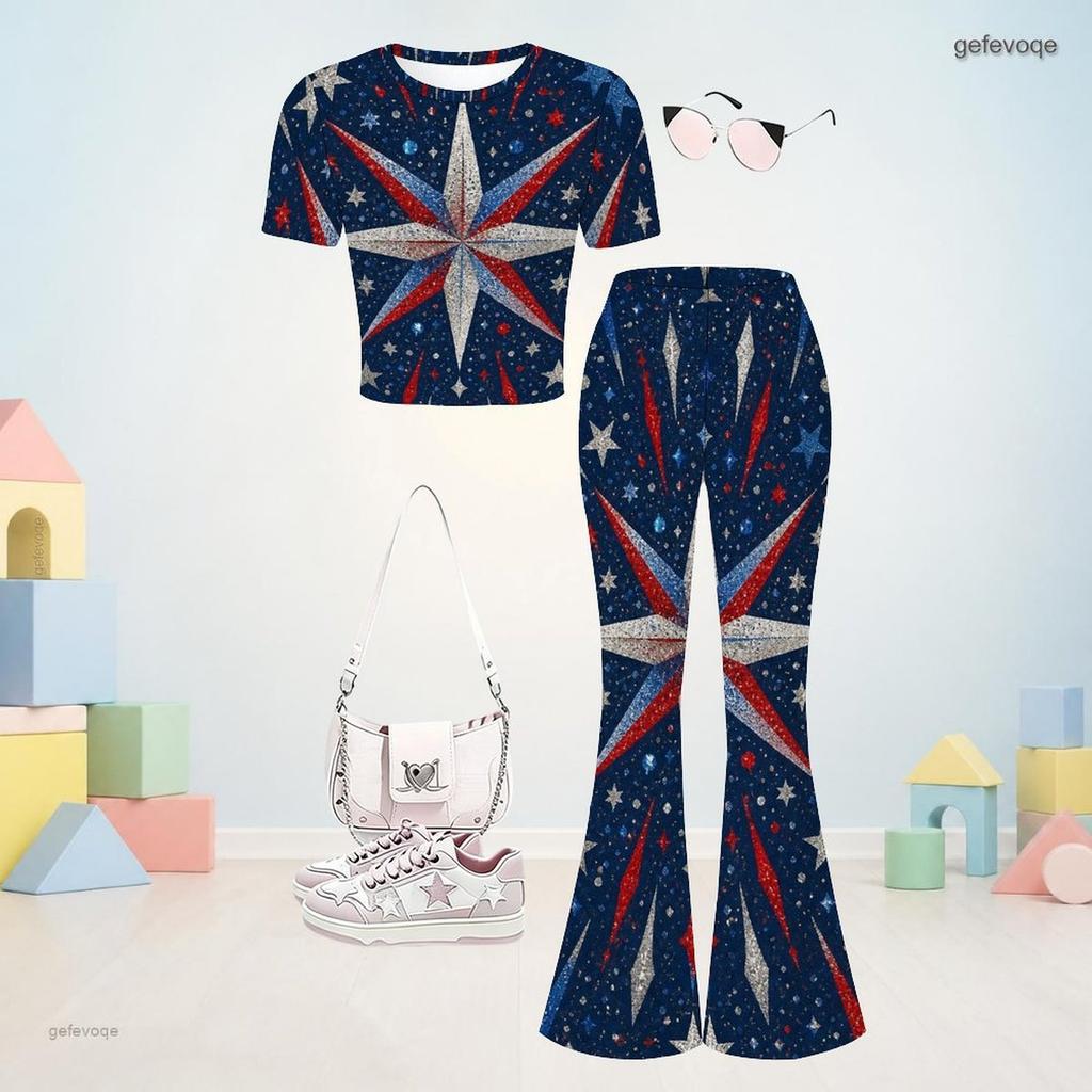 Girls White Round Neck Short Sleeve Star Printed Top Flared Pants Two Piece Set