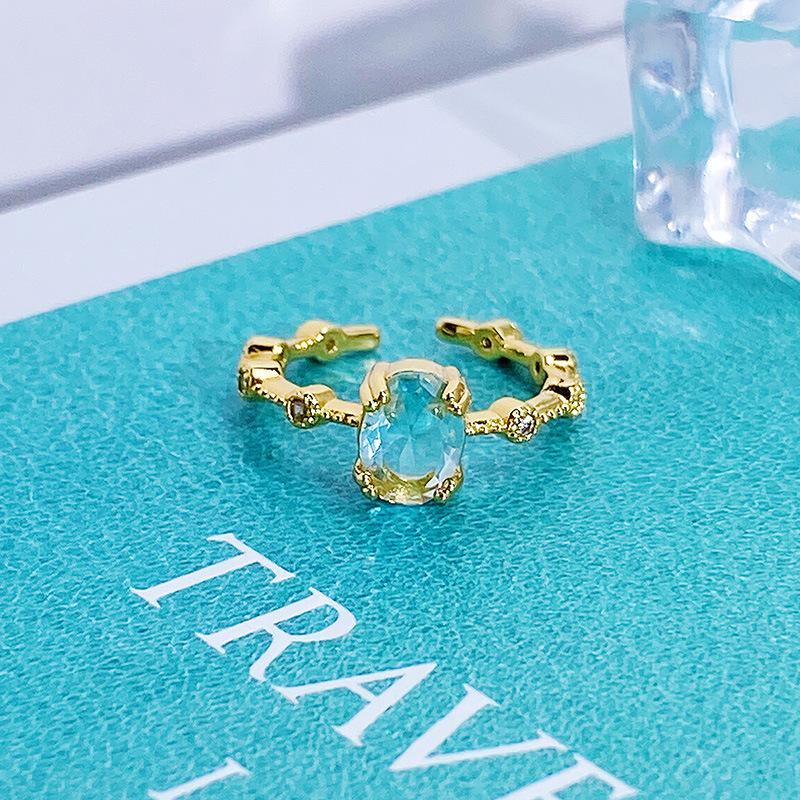 Medieval Retro Sea Blue Zircon Love Crown Open Ring Women S Niche Light Luxury Exquisite Flash Ring