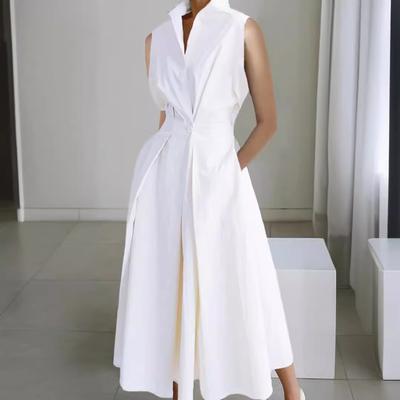 Sommer Pendeln Mode Volltonfarbe V-Ausschnitt Damen Button-up Kleid