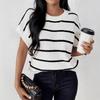 Women's Short Sleeve Striped Color Block Knit Top - European & American Summer Pullover