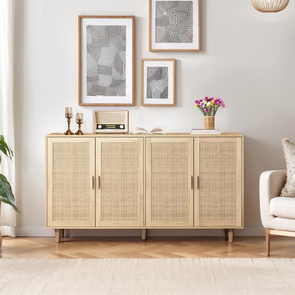 158CM Elegant and Functional 4-Door Rattan Decorative Storage Cabinet,for Bedroom,Living Room,Office