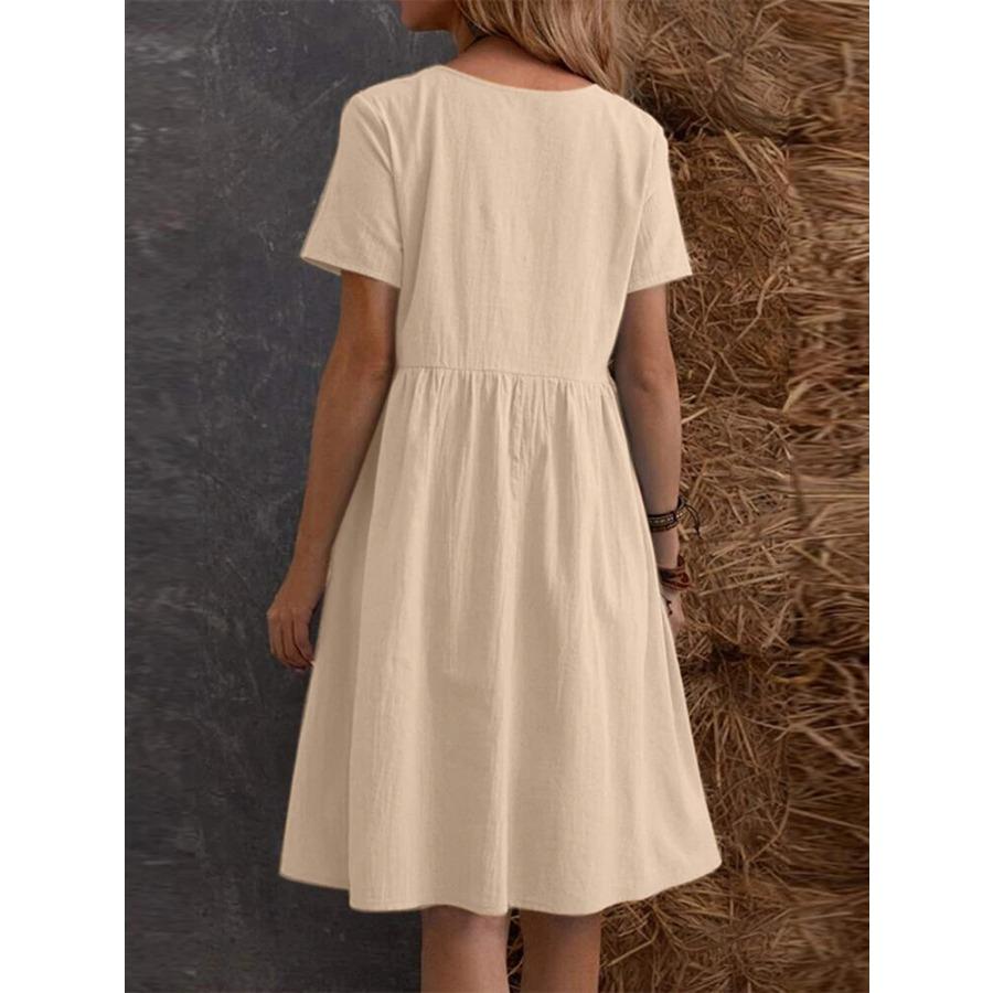Abito Midi Estivo Casual da Spiaggia da Donna Cotone Lino Manica Corta Abiti Fluenti con Tasche
