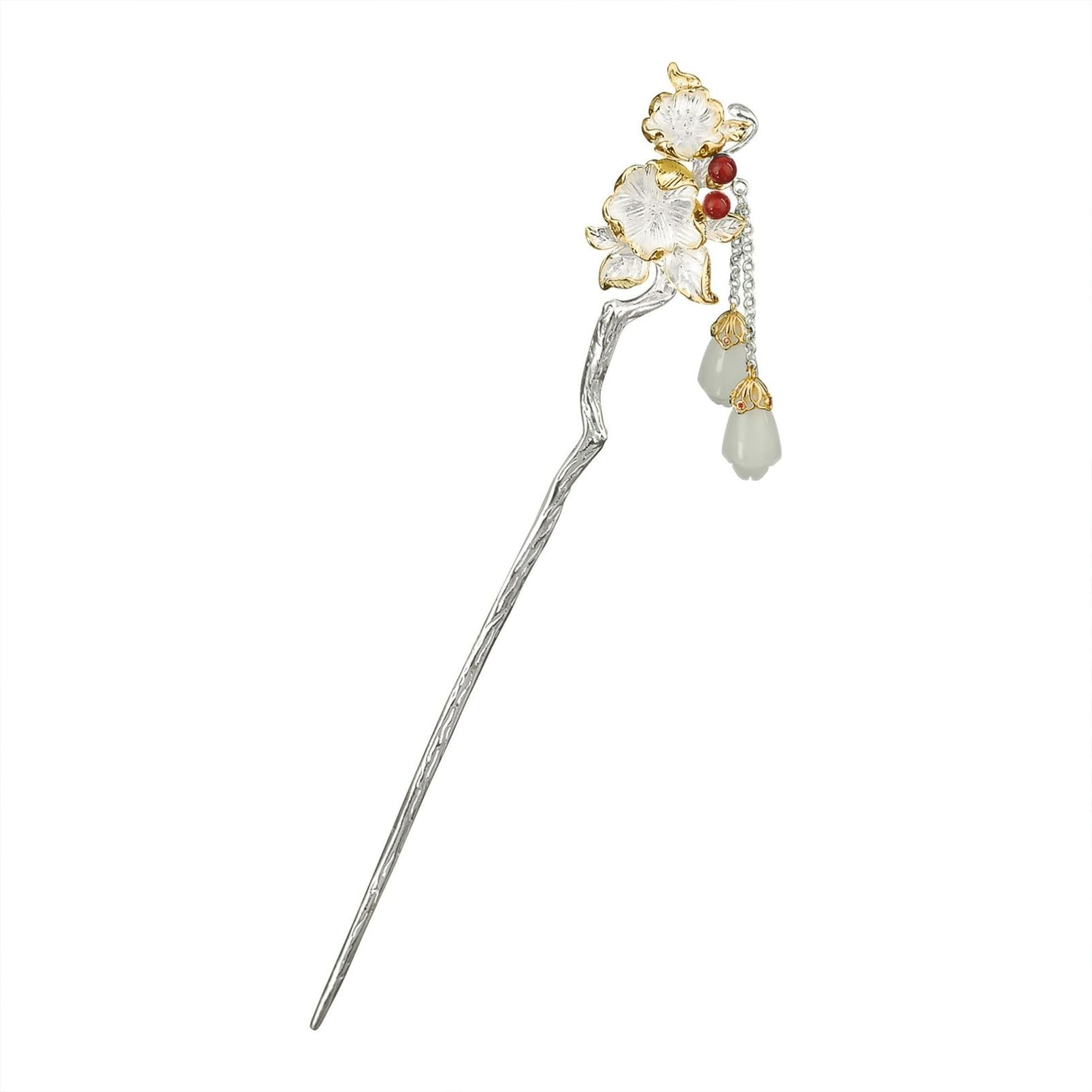 

[Miaomyao] Kanzashi (hair ornament), single piece, for Japanese clothing, yukata, kimono, pearl, jade, golden branch and leaf design, silver hair