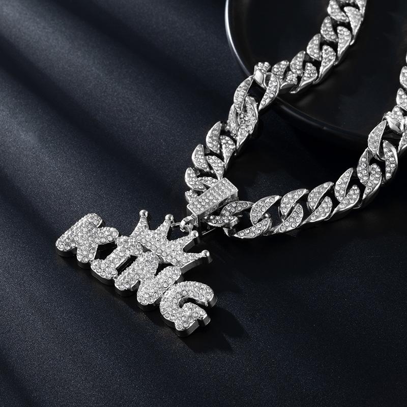 European-American Style Crown 'KING' Full Diamond Pendant on Thick Cuban Chain - Trendy Men's Hip Hop Jewelry