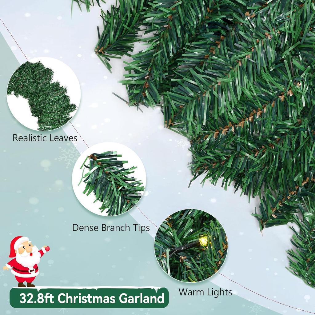 16.4FT/5M Christmas Garland with 100 LEDs Lights, Artificial Greeny Christmas Decorations Wreath for Fireplace Stair Front Door
