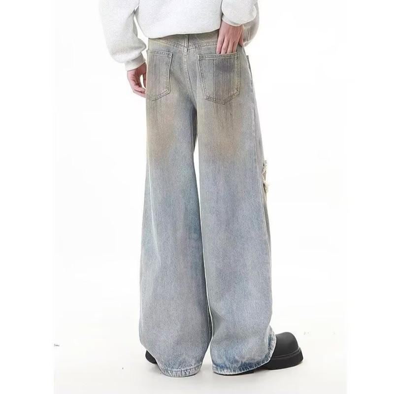 Jeans spring and autumn street hole design loose casual straight teen mopping pants long pants men