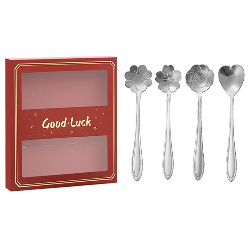 4PCS/Set 12.4-12.6cm Stainless Steel Flower Shape Spoons Coffee Mixing Ice Cream Dessert Spoons