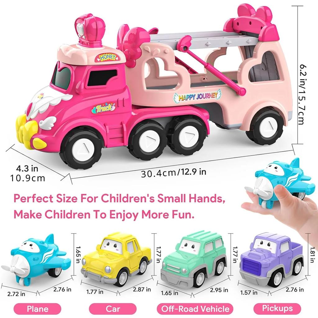 Toddler Car Toys for Girl Pink Princess Transport Carrier Trucks with Lights & Music Friction Power Birthday Christmas Gift