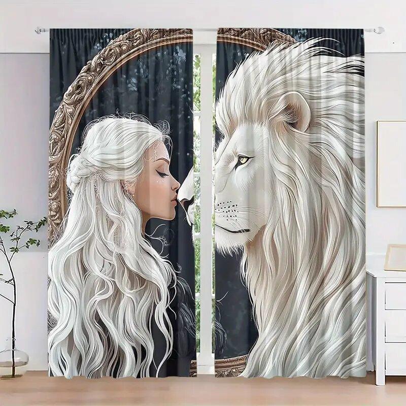 

White Haired Girl Lion Print Curtains Pole Bag Home Decoration Room Set Of 2 Made Polyester W100*H70(CM)-Hooks&2PCS