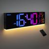 8 Colors Digital Wall Clock, 16.2" Large Digital Clock with Temperature, Date, Auto DST, Night Light, Auto Brightness Dimmer, 24/12-hour Wall Clock
