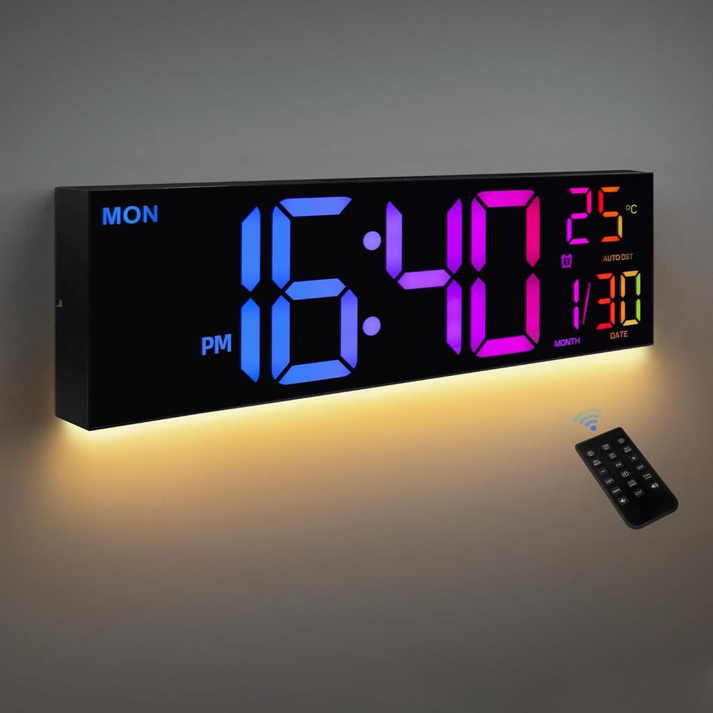 8 Colors Digital Wall Clock, 16.2" Large Digital Clock with Temperature, Date, Auto DST, Night Light, Auto Brightness Dimmer, 24/12-hour Wall Clock