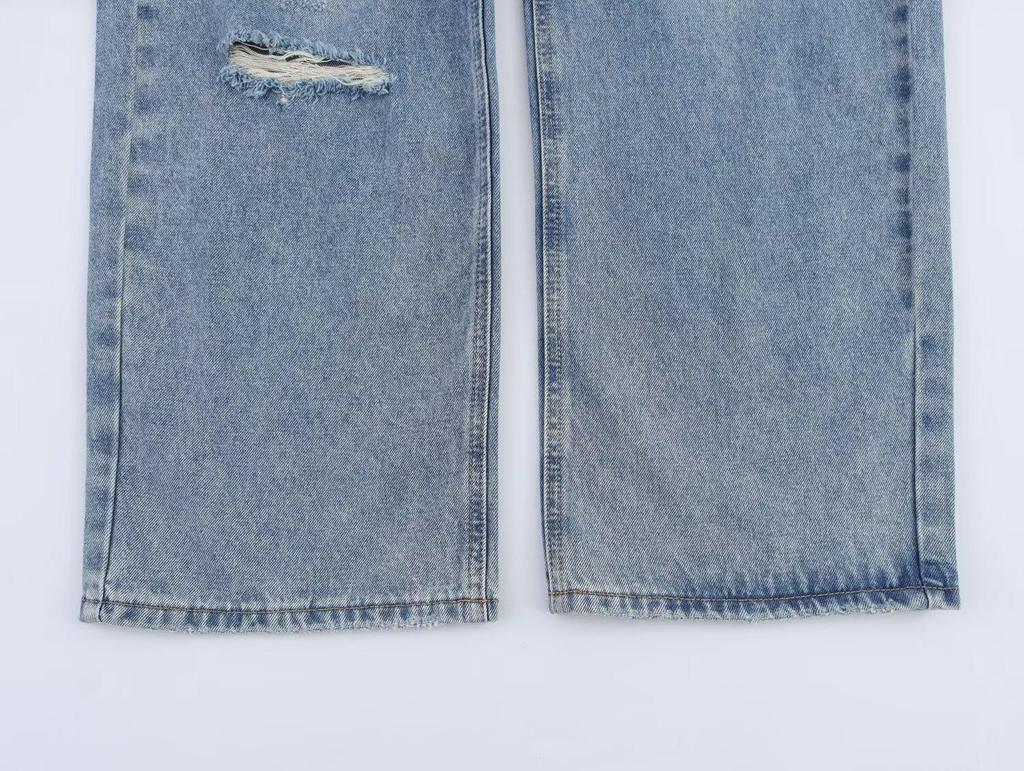 2025 Spring Women's Fashion Cotton Loose Ripped Straight Leg Jeans for a Slimming Look