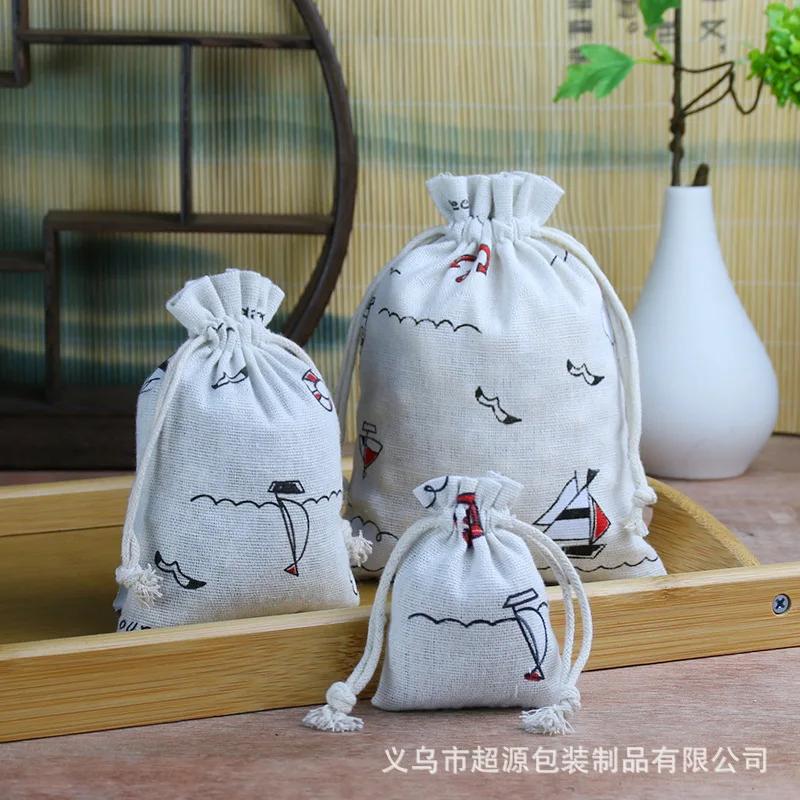 10pcs/lot Linen Drawstring pocket Cute Pattern Printed DIY wedding Candy Storage Bag Travel Makeup Cloth Shoes Sundries Storage