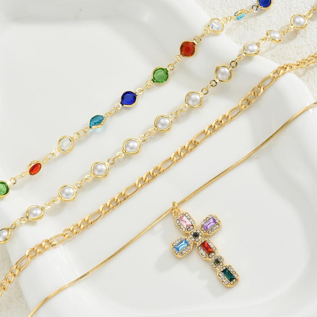 17KM 4 Piece Fashion Colored Cross Necklace Set Jewelry Women Trendy Shiny Daily Party Gift For Her