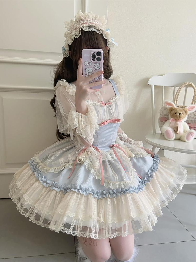 XHSUKADO Lolita JSK Jumper Skirt with Camisole and Dreamy Cute Gothic Lolita Outfit with Ruffles and Mori Girl Princess Lolita Idol Light Size M