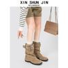 British Style Short Boots Slim Women'S Autumn New Thick Heel Round Head Strap Pants Tube Boots Locomotive Boots Pleated Pile Boots