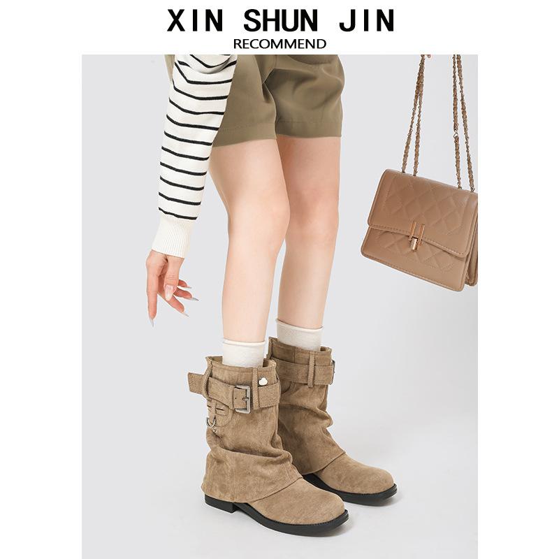 British Style Short Boots Slim Women'S Autumn New Thick Heel Round Head Strap Pants Tube Boots Locomotive Boots Pleated Pile Boots
