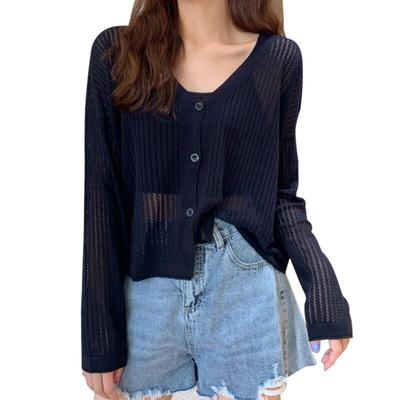 Female t-Shirt Liva Girl t-Shirts v-Neck Hollow All-Match Single-Breasted Sunscreen Cardigan Tshirt Tops Vetements Femmes