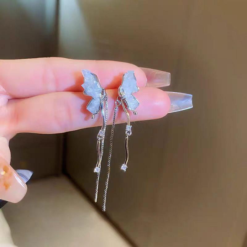 

Summer smart three-dimensional butterfly mosquito coil disc earclip crystal long fringed silver nail earrings fresh Mori earrings