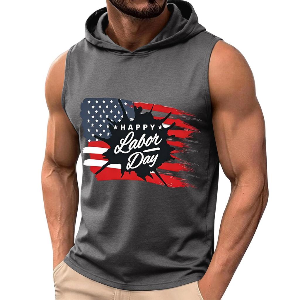 Ärmelloser Herren Hoodie Lässiger Leichter Pullover Kapuzen Tanktop mit Arbeitsfeiertags-Grafikdruck für Sommerliche Outdoor-Aktivitäten