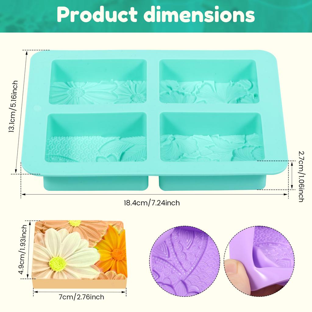 2Pcs Silicone Soap Molds 4 Cavity Rectangle Soap Mold Flower Pattern Chocolate Making Tool for Chocolate Candle Jelly Resin