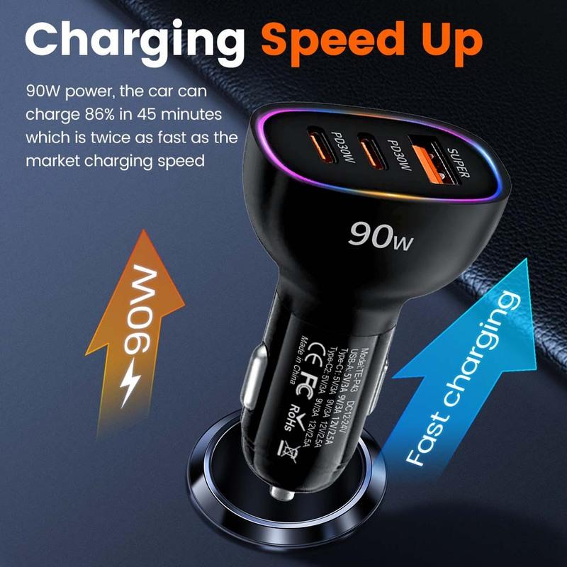 90W USB Car Charger 3 Ports Dual PD30W QC3.0 Super Fast Charging Power Adapter Universal Car Phone Charger For iPhone 17 16 Pro