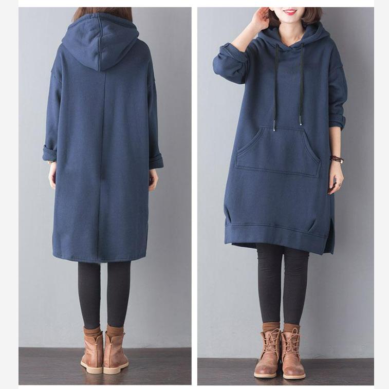 Autumn and Winter Clothes Large Size Mid-length Plus Velvet Thick Loose Sweater Hooded Split Jacket Ladies